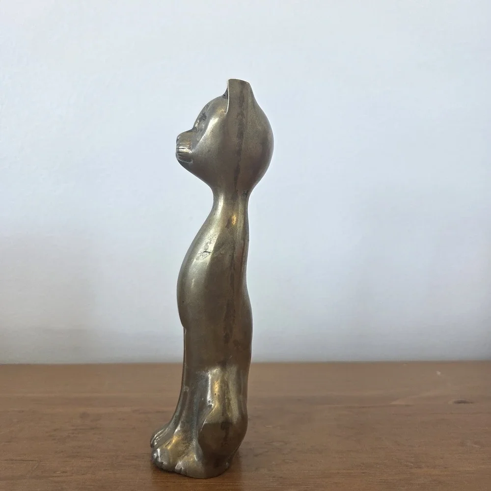 Vintage MCM Long Necked Sitting Brass Cat Statue Figurine 7